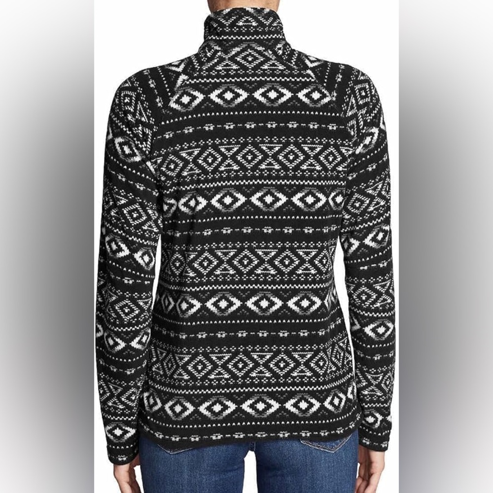 Eddie Bauer Large Fair Isle Fleece Pullover Quest Black White 1/4 Zip Cabin Warm - Picture 2 of 11